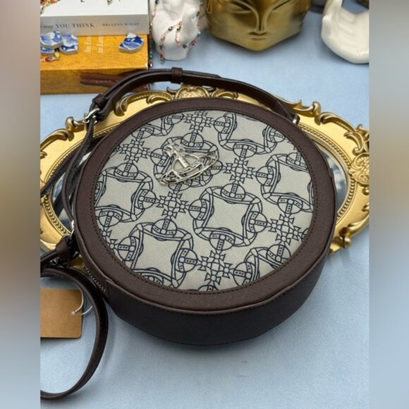 🆕 VIVIENNE WESTWOOD 🧿 NWT Debbie Round Crossbody Bag, Brown & Jacquard - AUTH - Picture 10 of 15